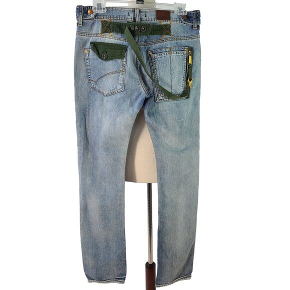 Zu + Elements Blue Green Trim Distressed Button Fly Jeans Italy Unique Size 28 - Picture 2 of 5